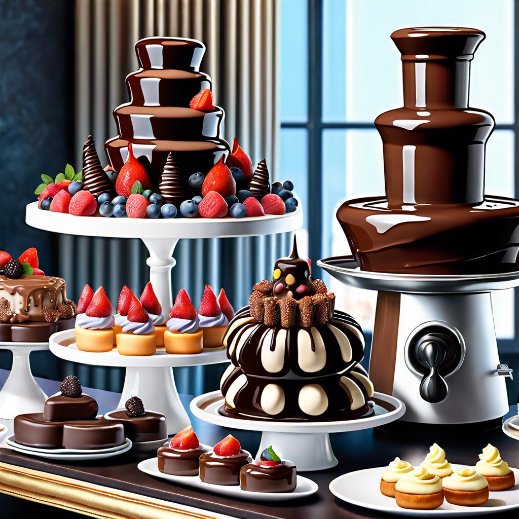 dessert buffet featuring a chocolate fountain and assorted pastries