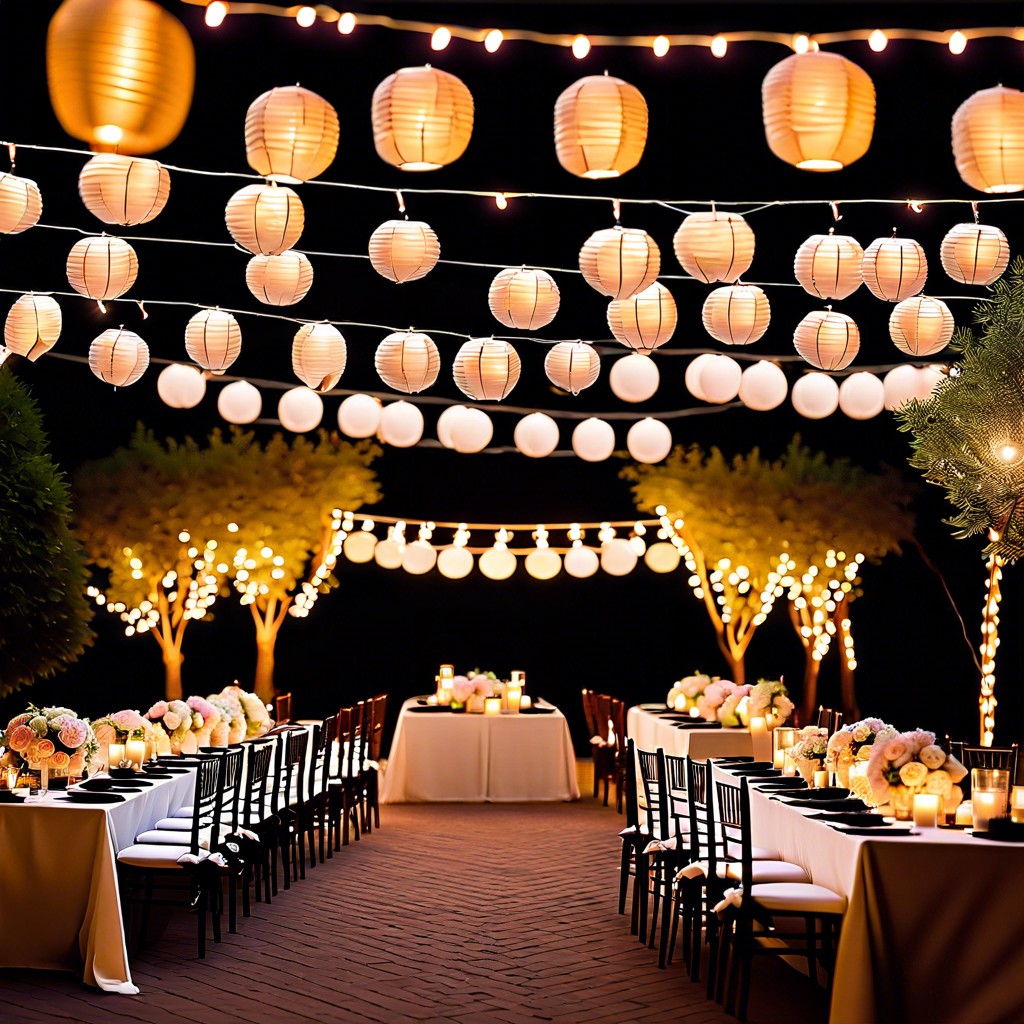 diy string lights and paper lanterns for evening ambiance