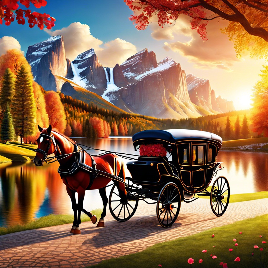 during a romantic horse drawn carriage ride in a picturesque setting