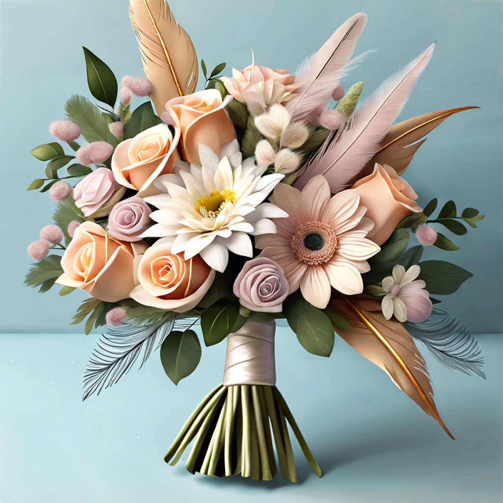 feather accents among soft pastel flowers
