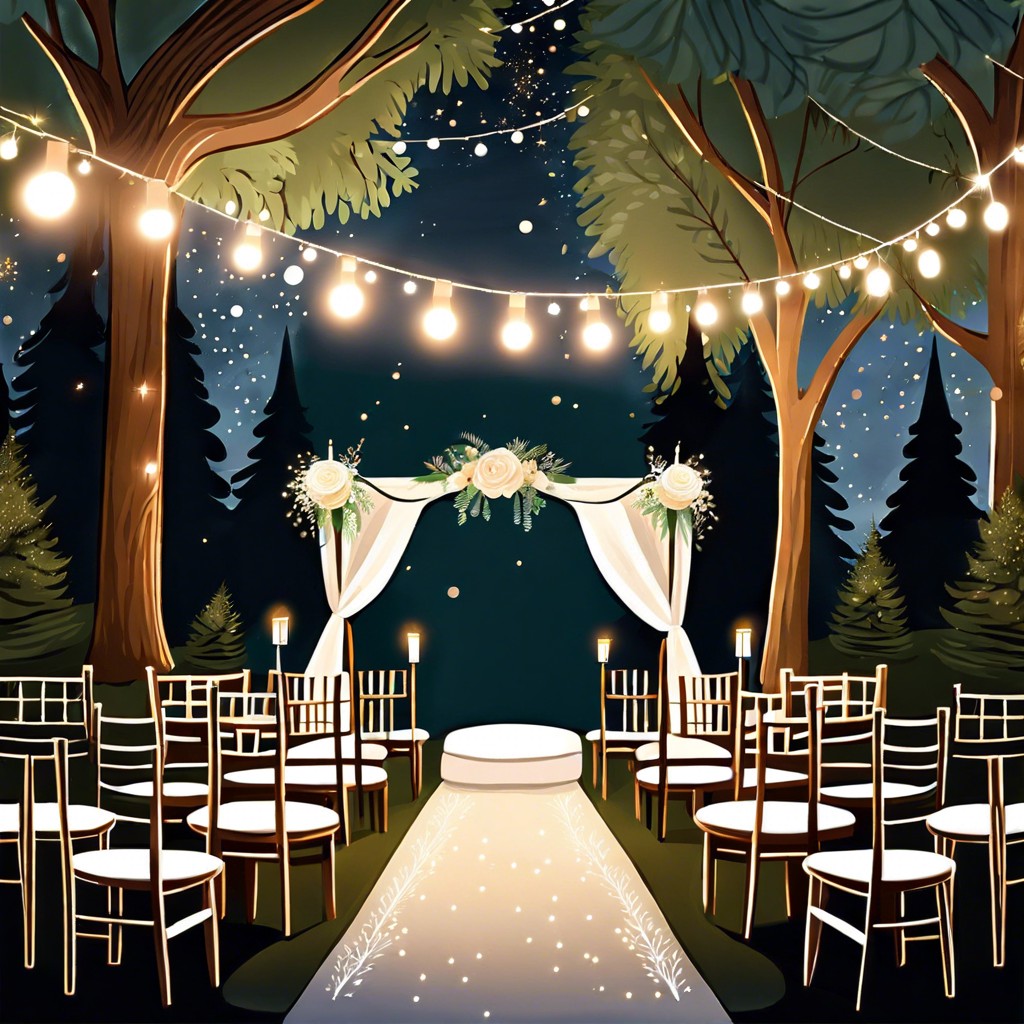 forest enchantment set up among towering trees with fairy lights