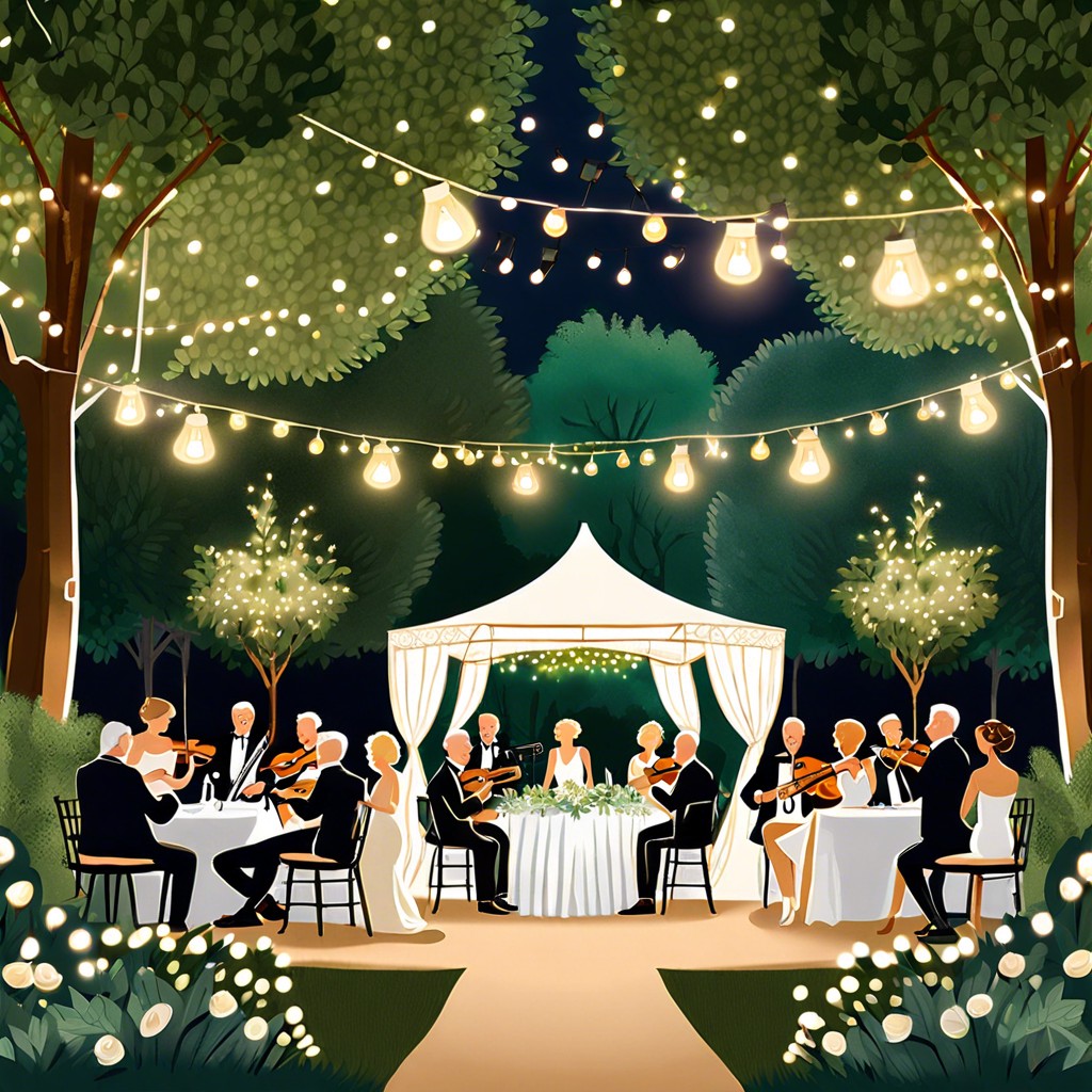 garden party host an elegant outdoor event with string lights and live music