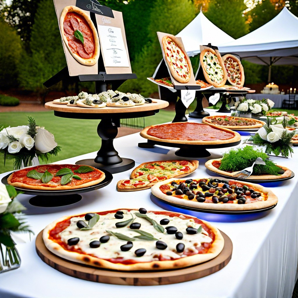 gourmet pizza station with diverse toppings and crusts