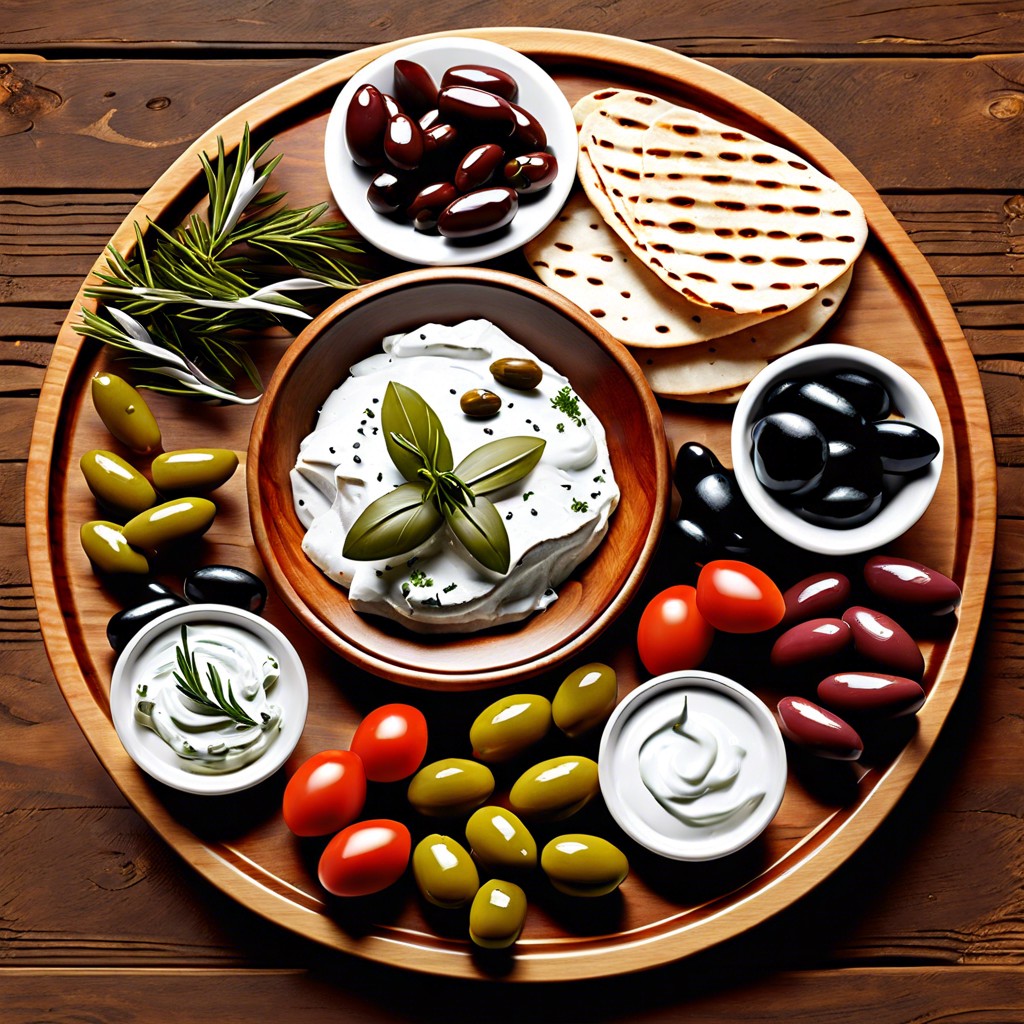 greek mezze platter with gyros tzatziki and olives