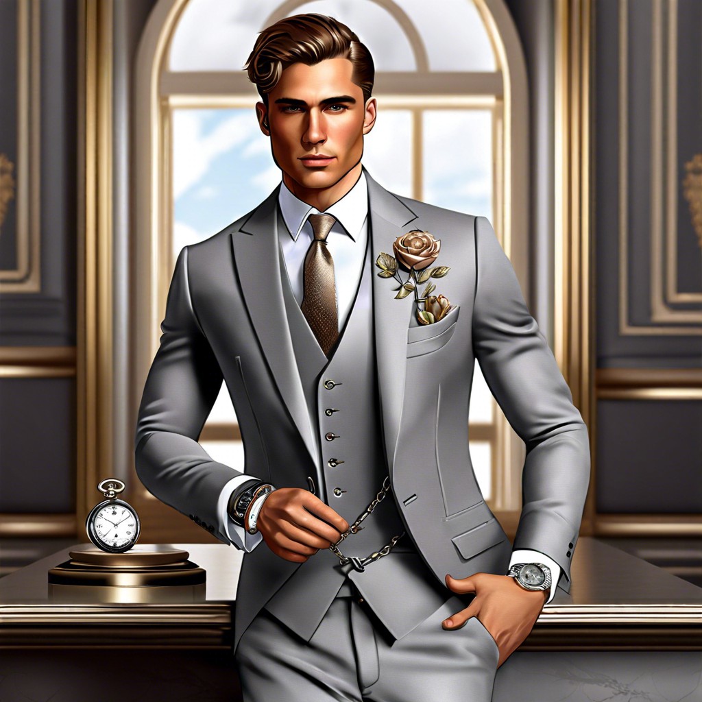 grey three piece suit with a pocket watch