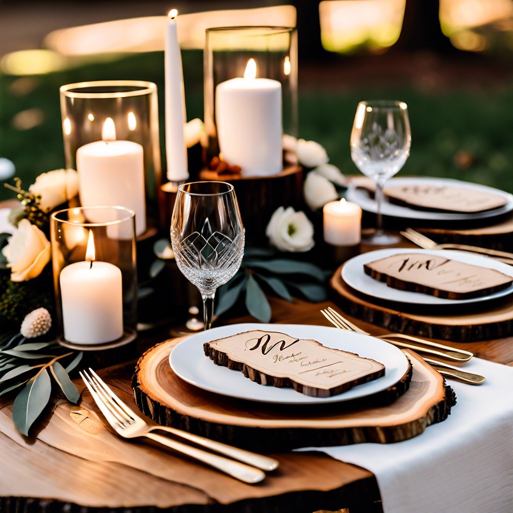 handwritten place cards on cut wood