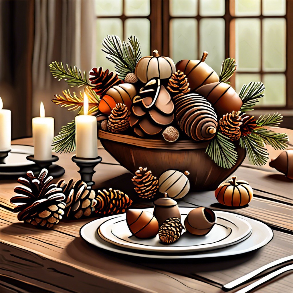 incorporate acorns and pinecones into decorations
