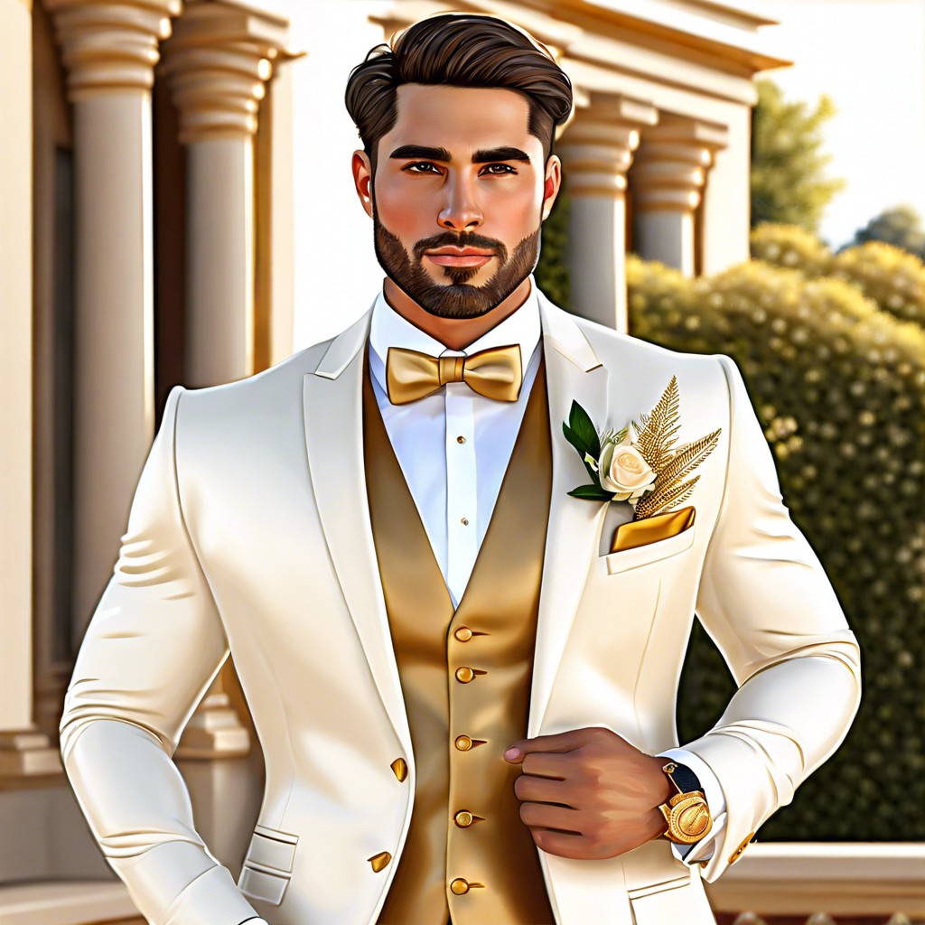 ivory suit with a gold pocket square