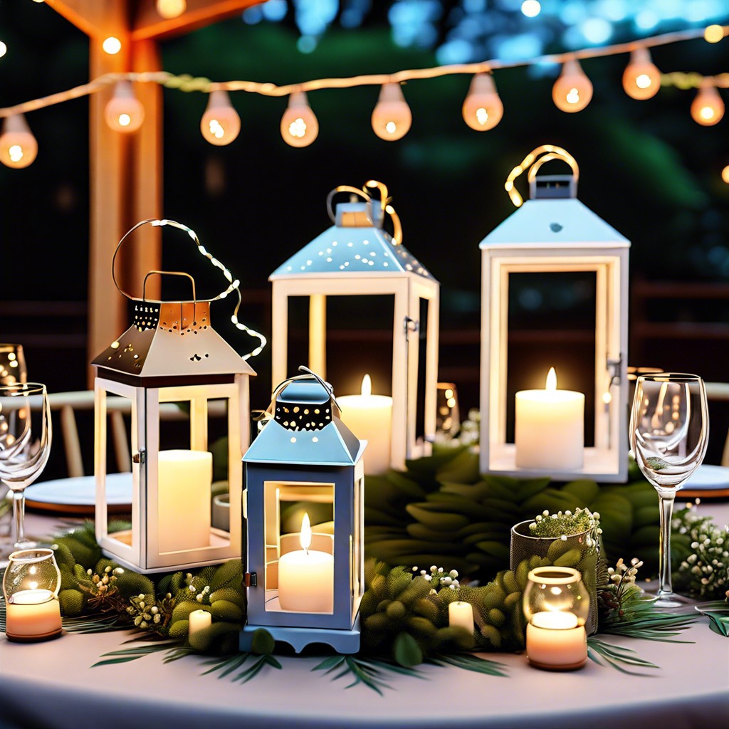 lanterns filled with fairy lights surrounded by greenery