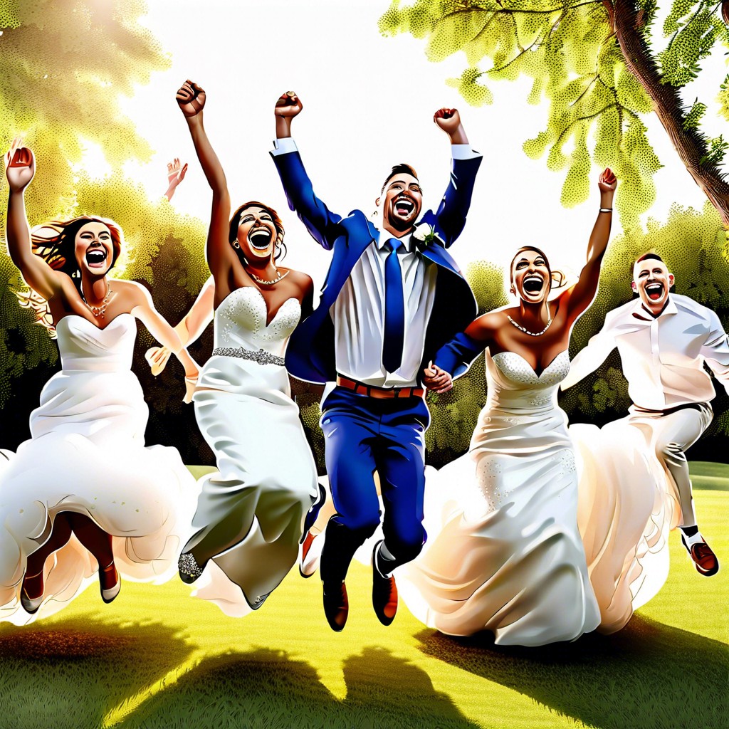 laughter filled bridal party jump