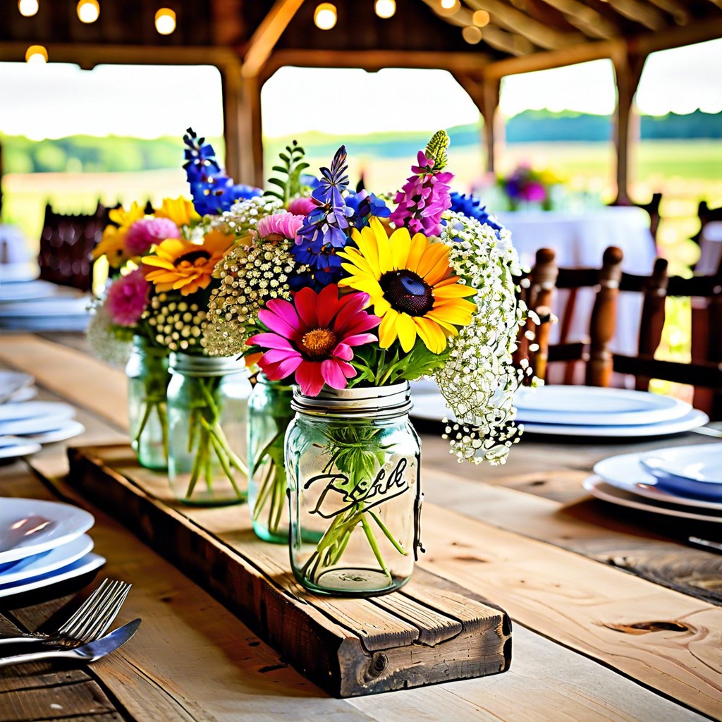 mason jar centerpieces filled with wildflowers