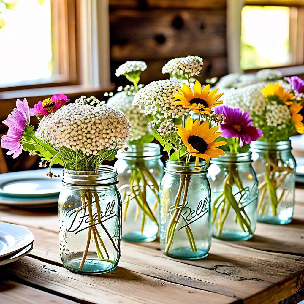 mason jar centerpieces with wildflowers