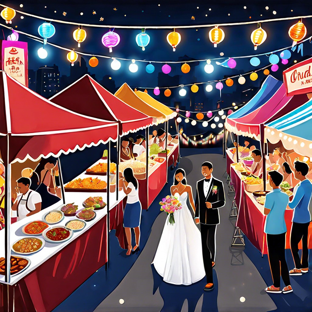 night market theme food stalls twinkling lights and street performers