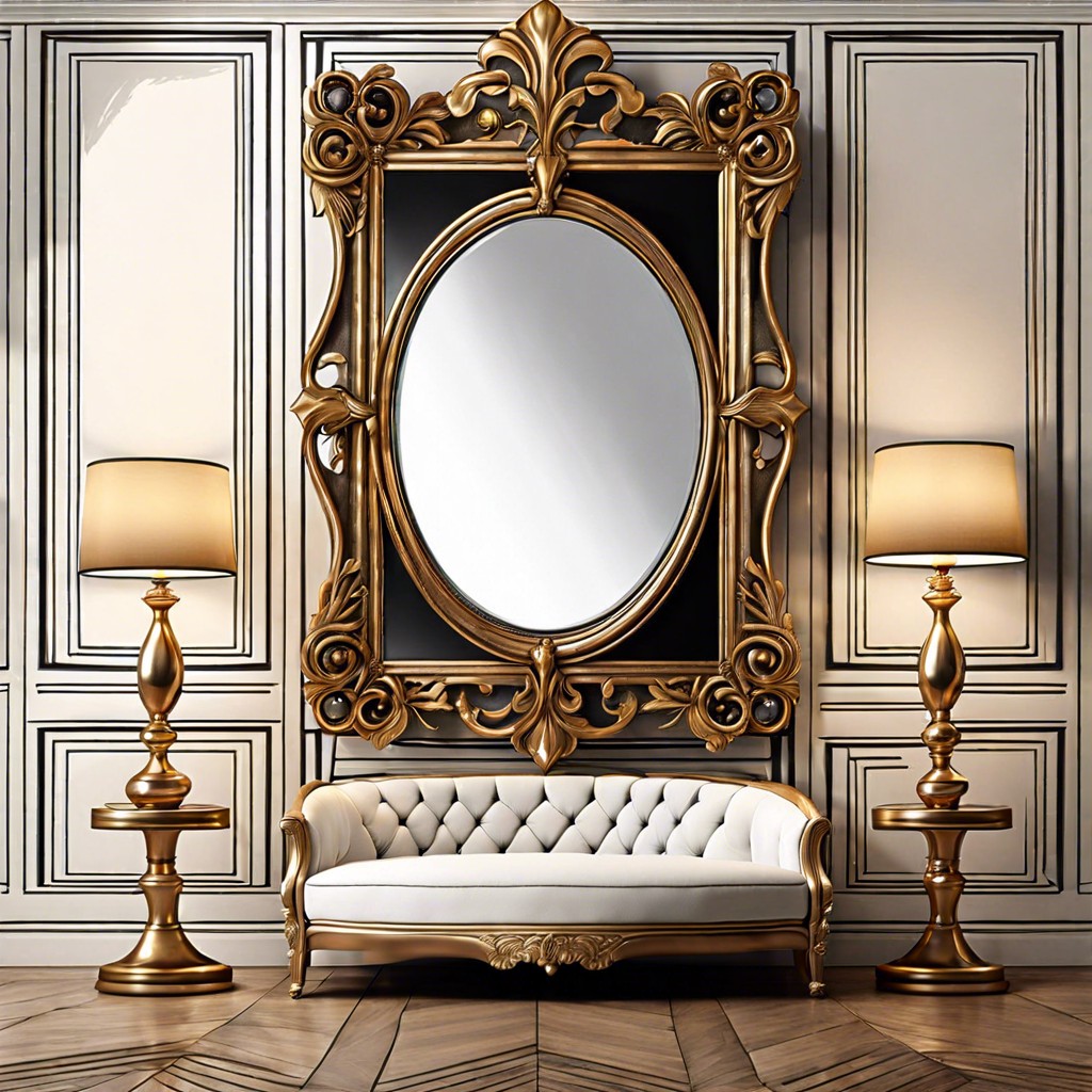 old hollywood glam mirror wall with vintage frames surrounding