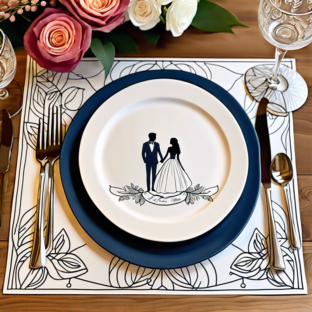 personalized paper place mats outlining the couples love story