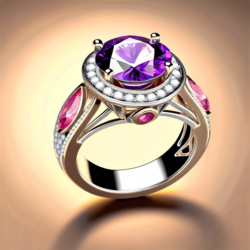 reversible ring with diamonds on one side and colored gems on the other