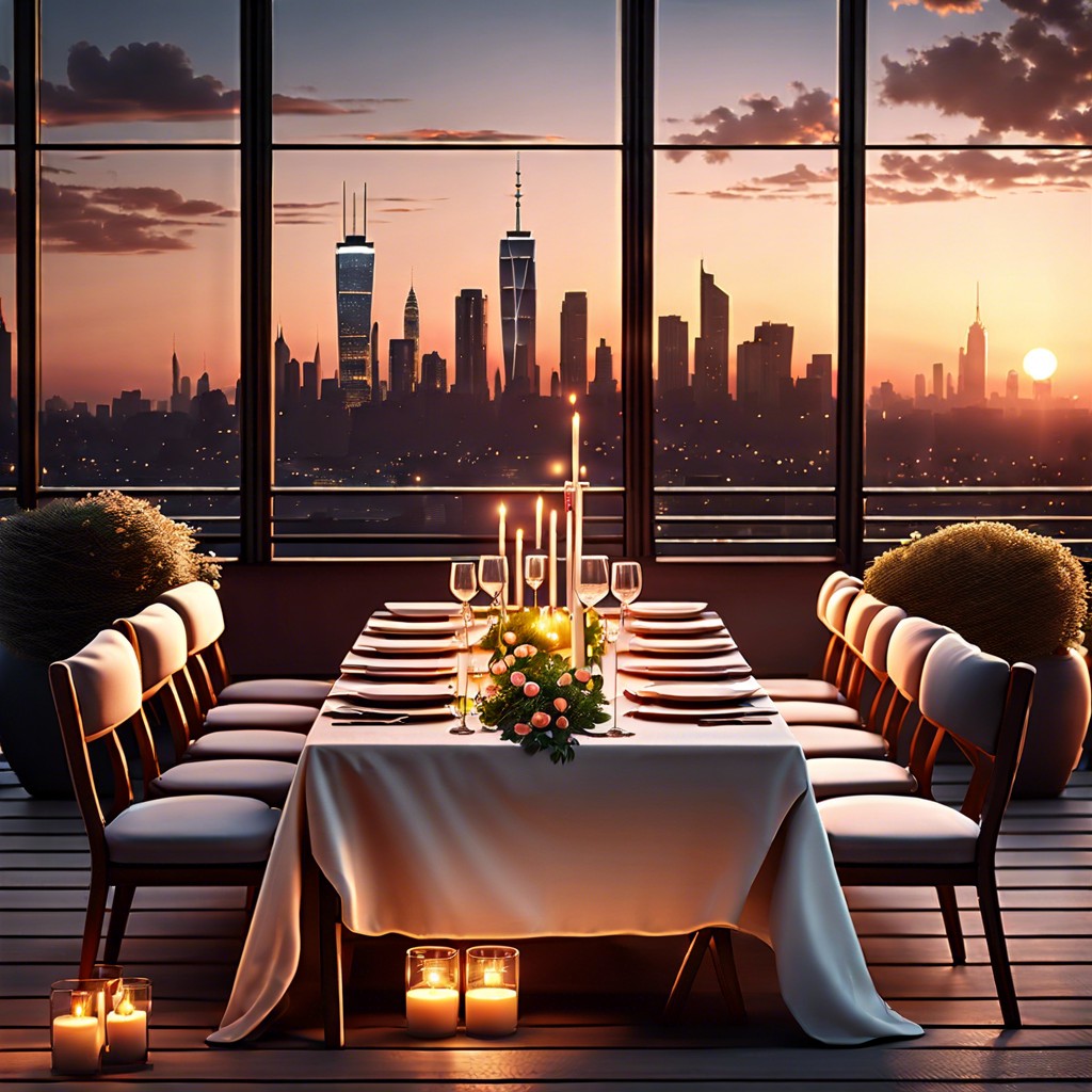 rooftop dinner with urban skyline