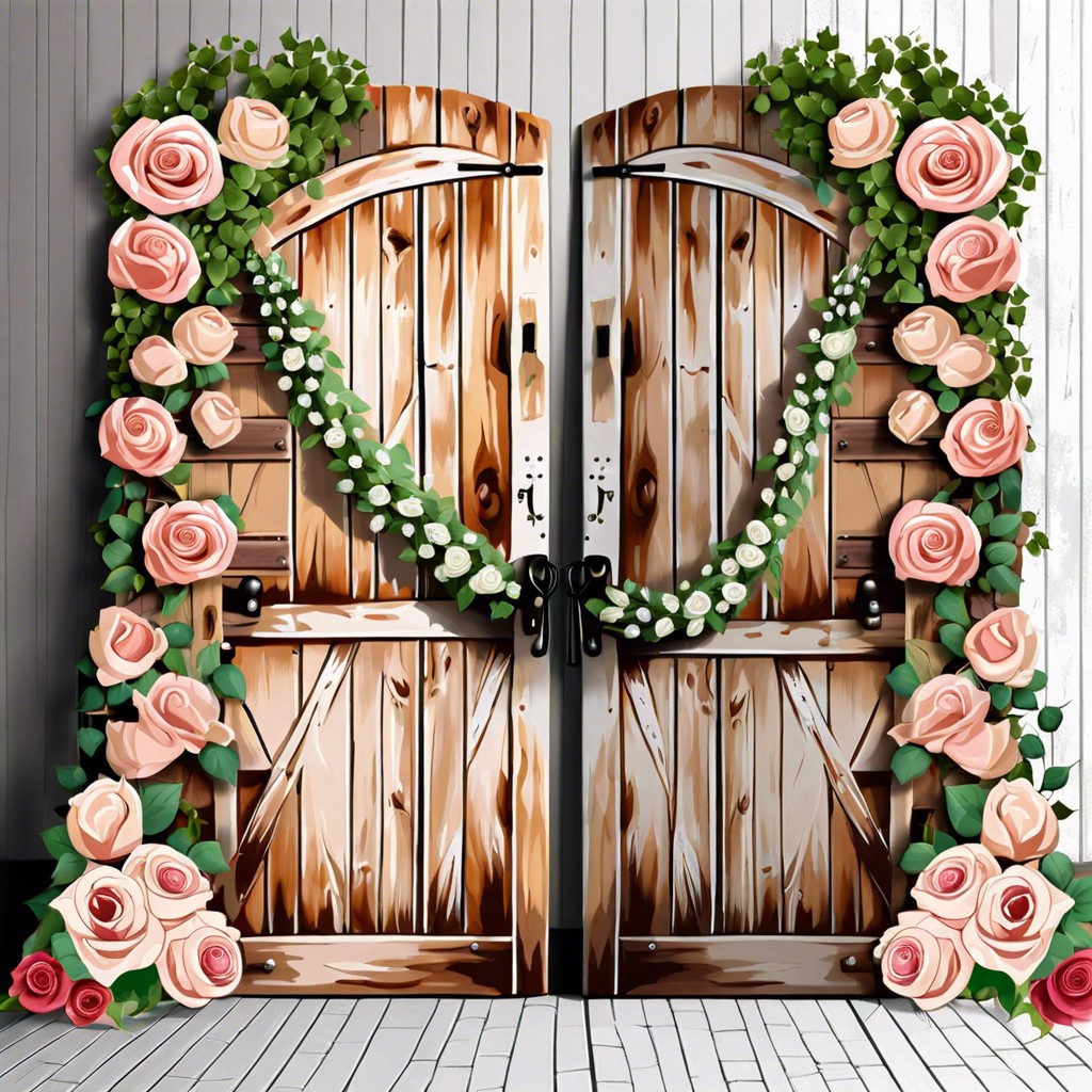 rustic barn doors embellished with roses and ivy