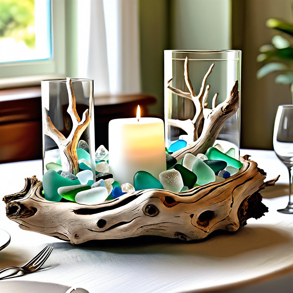 sea glass and driftwood centerpieces