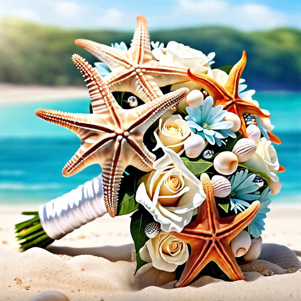 sea shell and starfish embellished beach theme bouquet