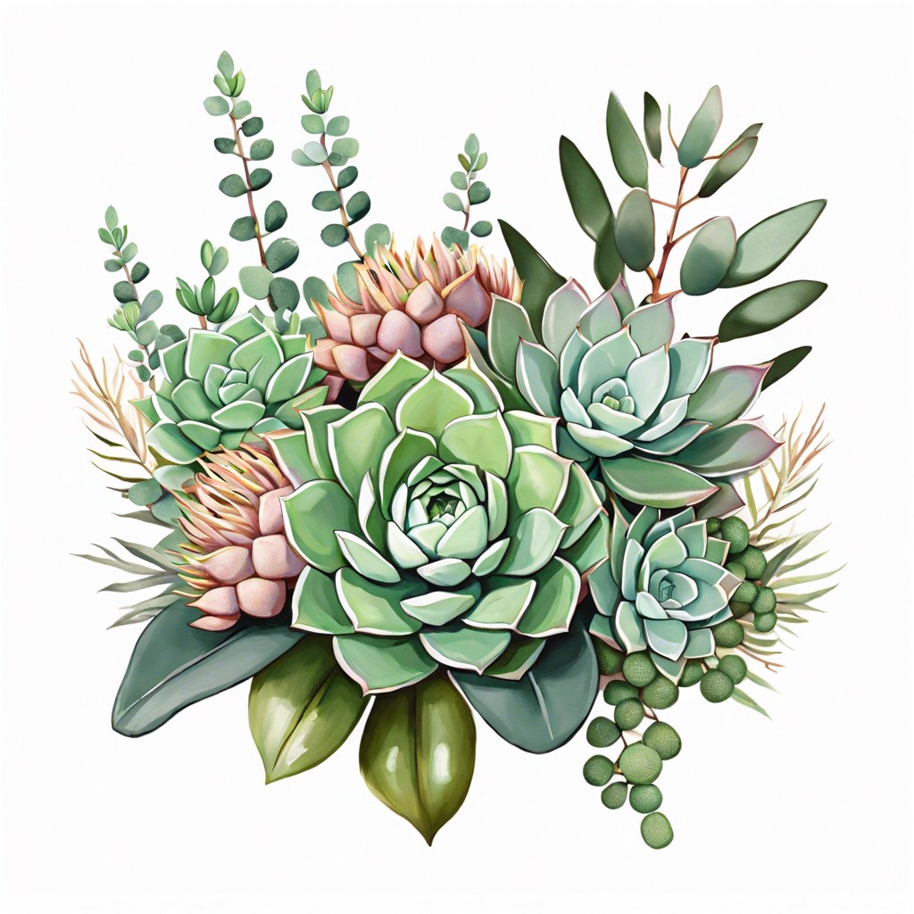 succulent cluster with eucalyptus accents