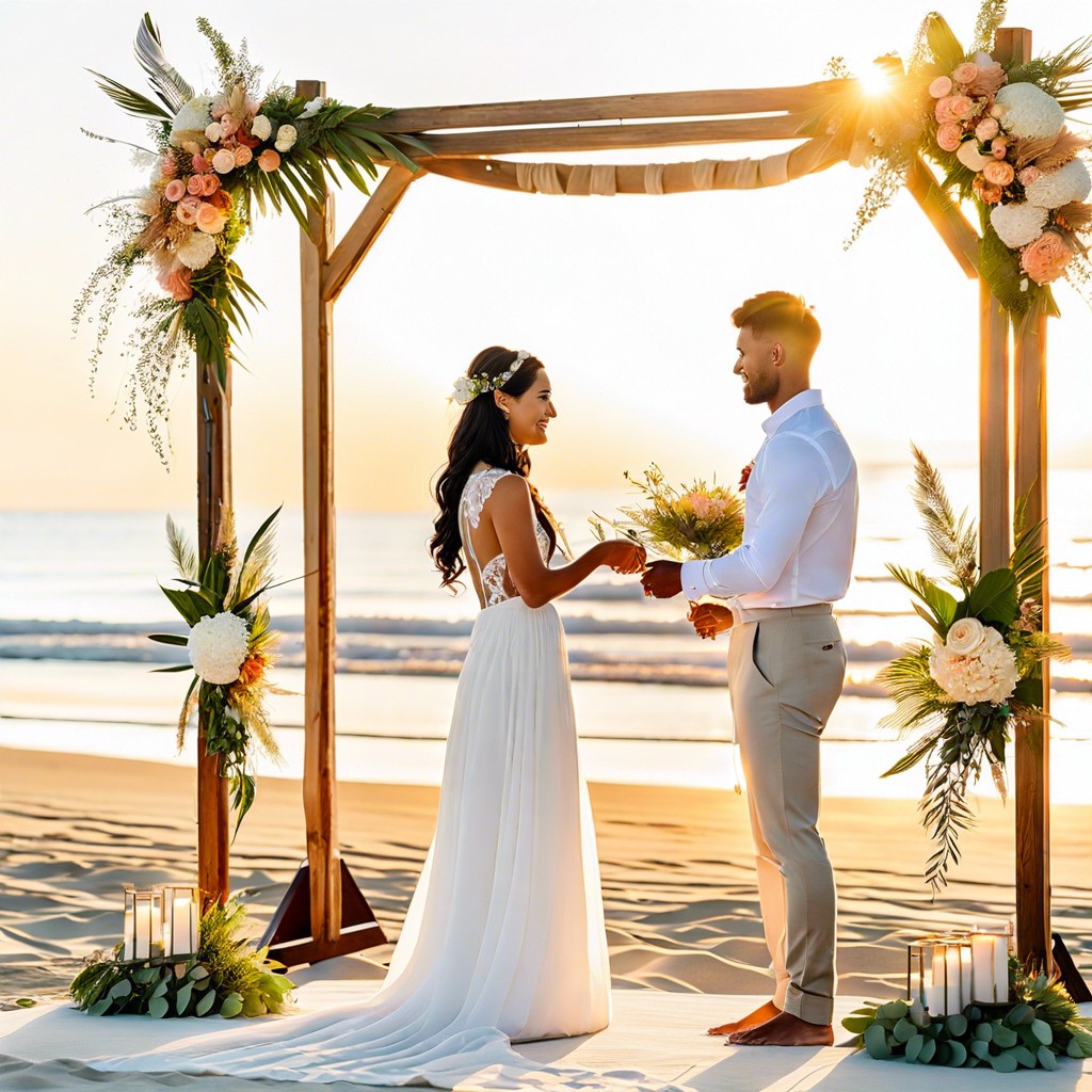sunrise wedding on a public beach with a simple brunch