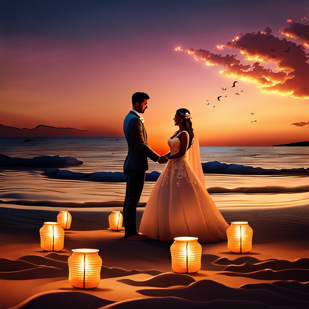 sunset ceremony with floating lanterns