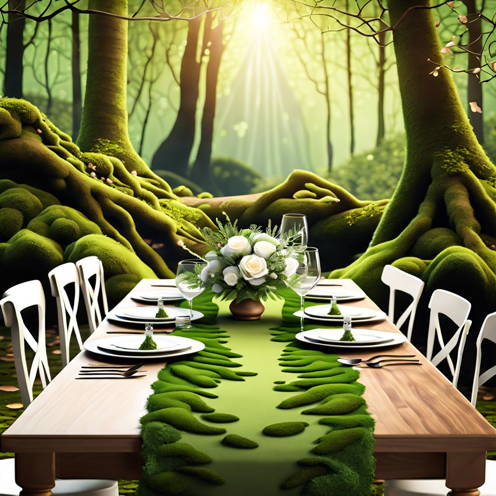 table runners made of moss for a woodland themed wedding