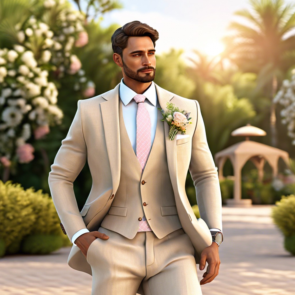 tan linen suit with a pastel tie