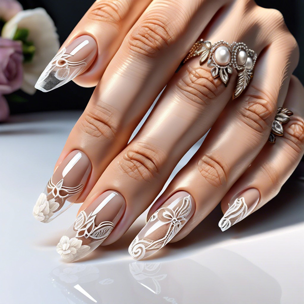transparent nails with antique lace underlays