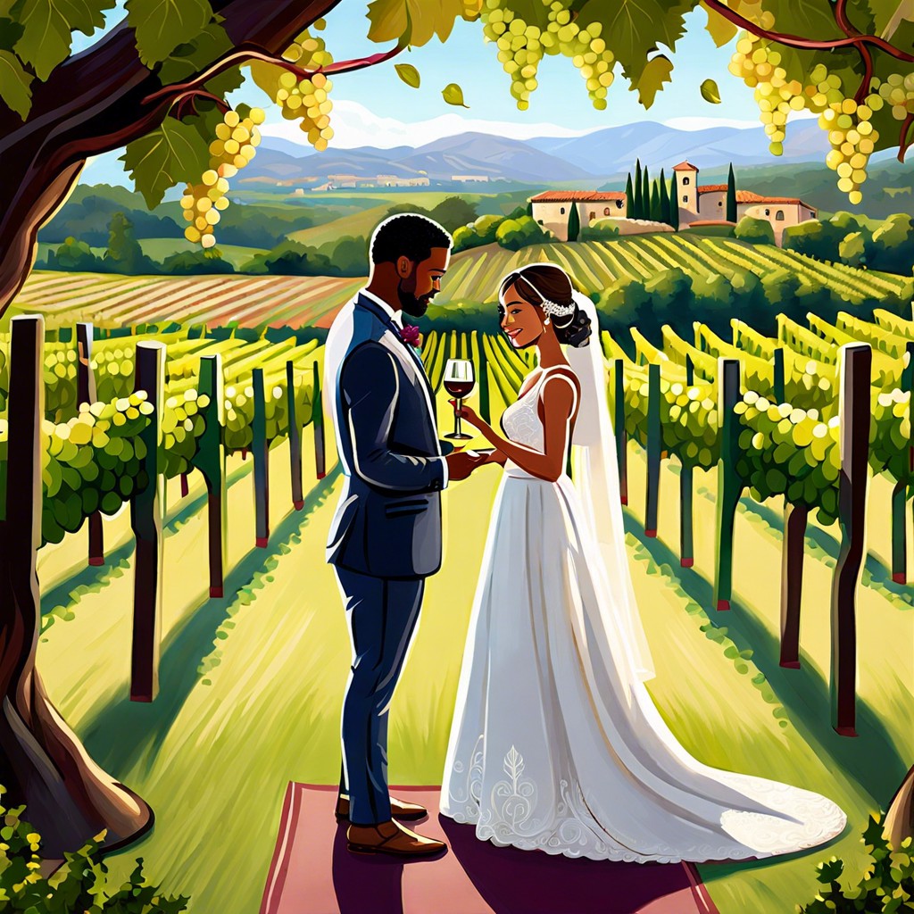 vineyard vows marry among rows of grapevines wine tasting reception
