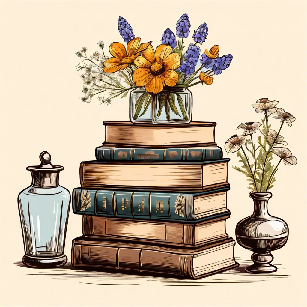 vintage books stacked with small vases of wildflowers