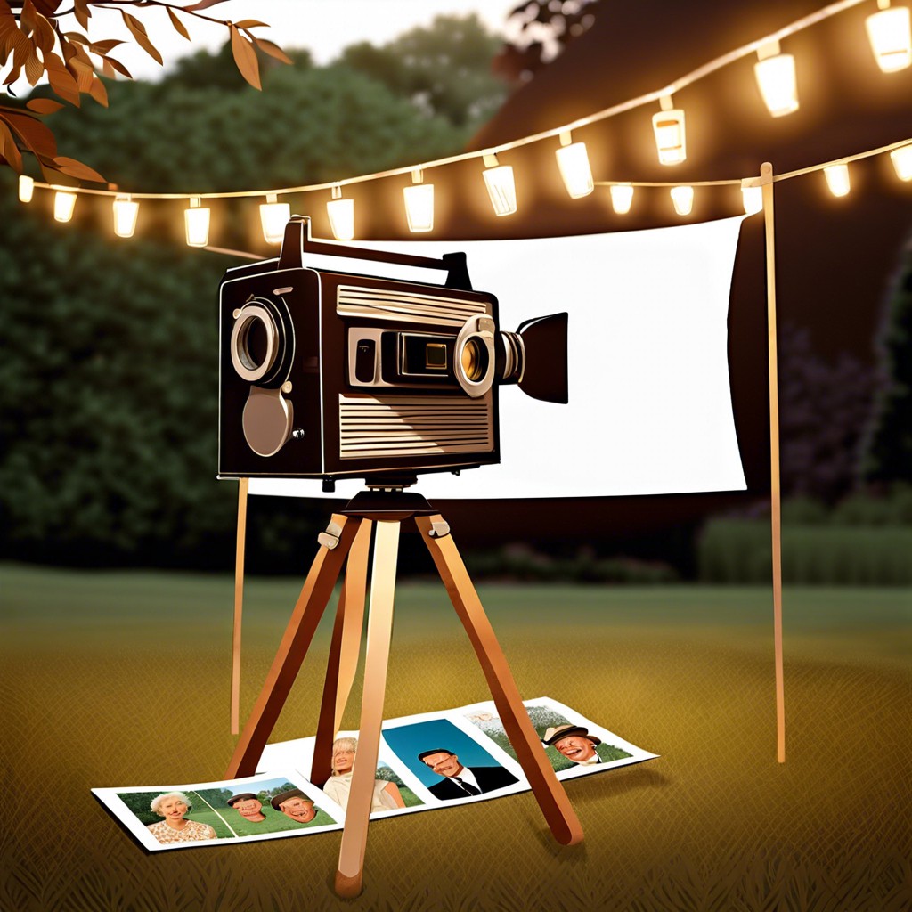 vintage film night set up an outdoor projector to show clips and photos from their life