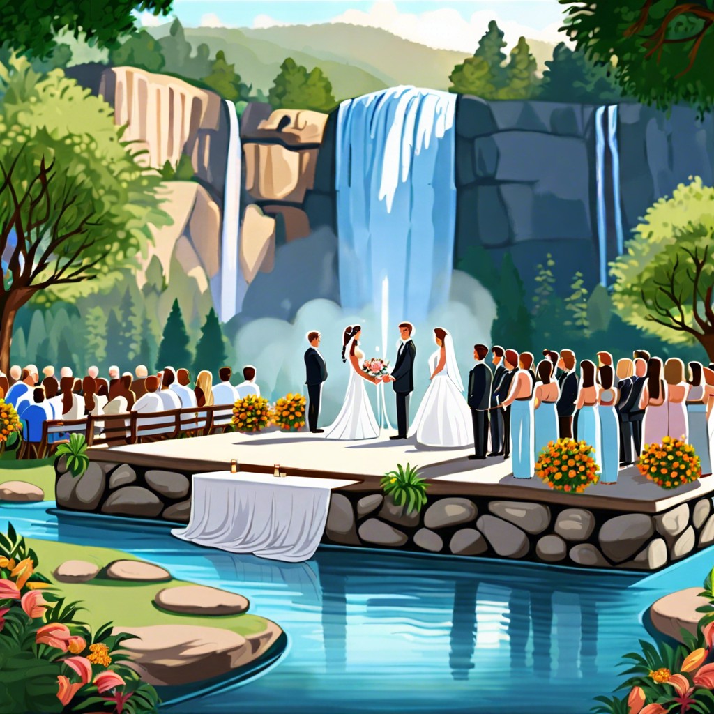 waterfall wedding exchange vows in front of a cascading waterfall