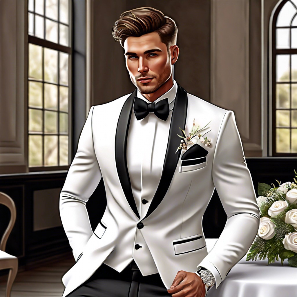 white dinner jacket with black trousers