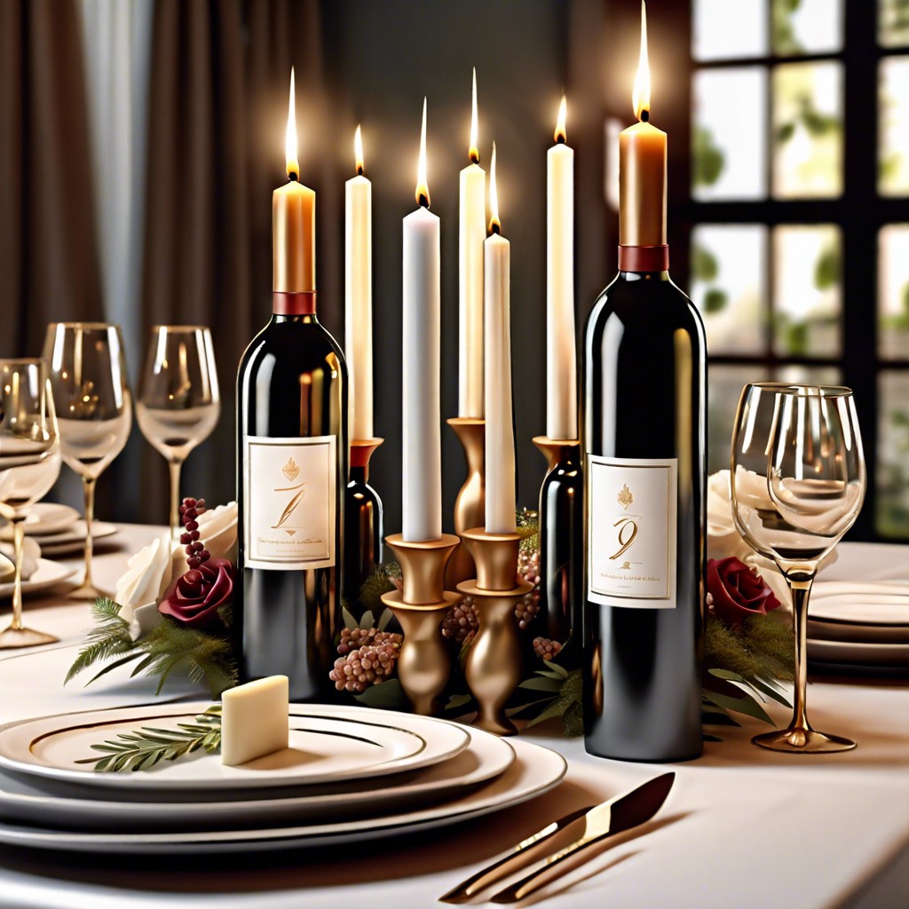 wine bottles with tapered candles in the necks