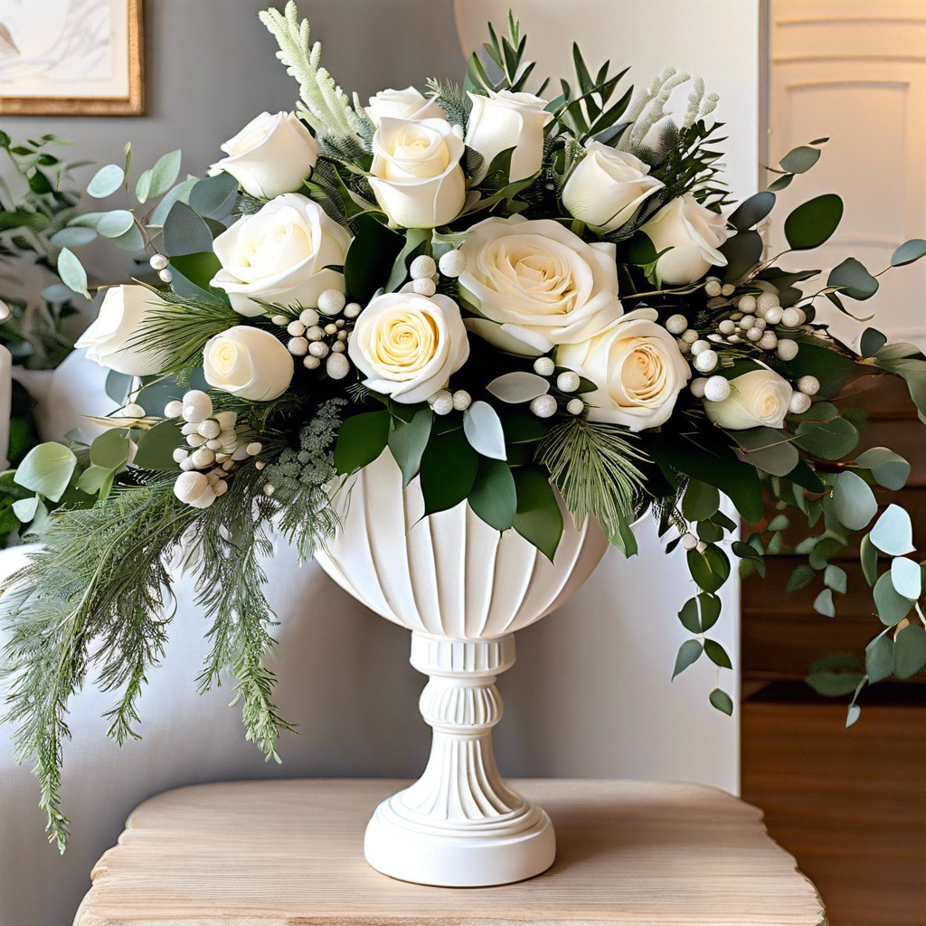 winter floral arrangements with white roses and greenery