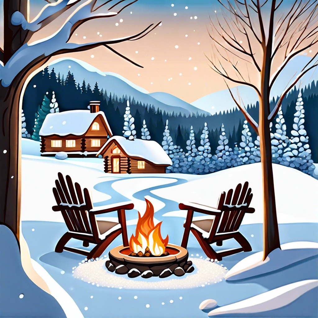 winter wonderland snowy setting with cozy fire pits and warm blankets