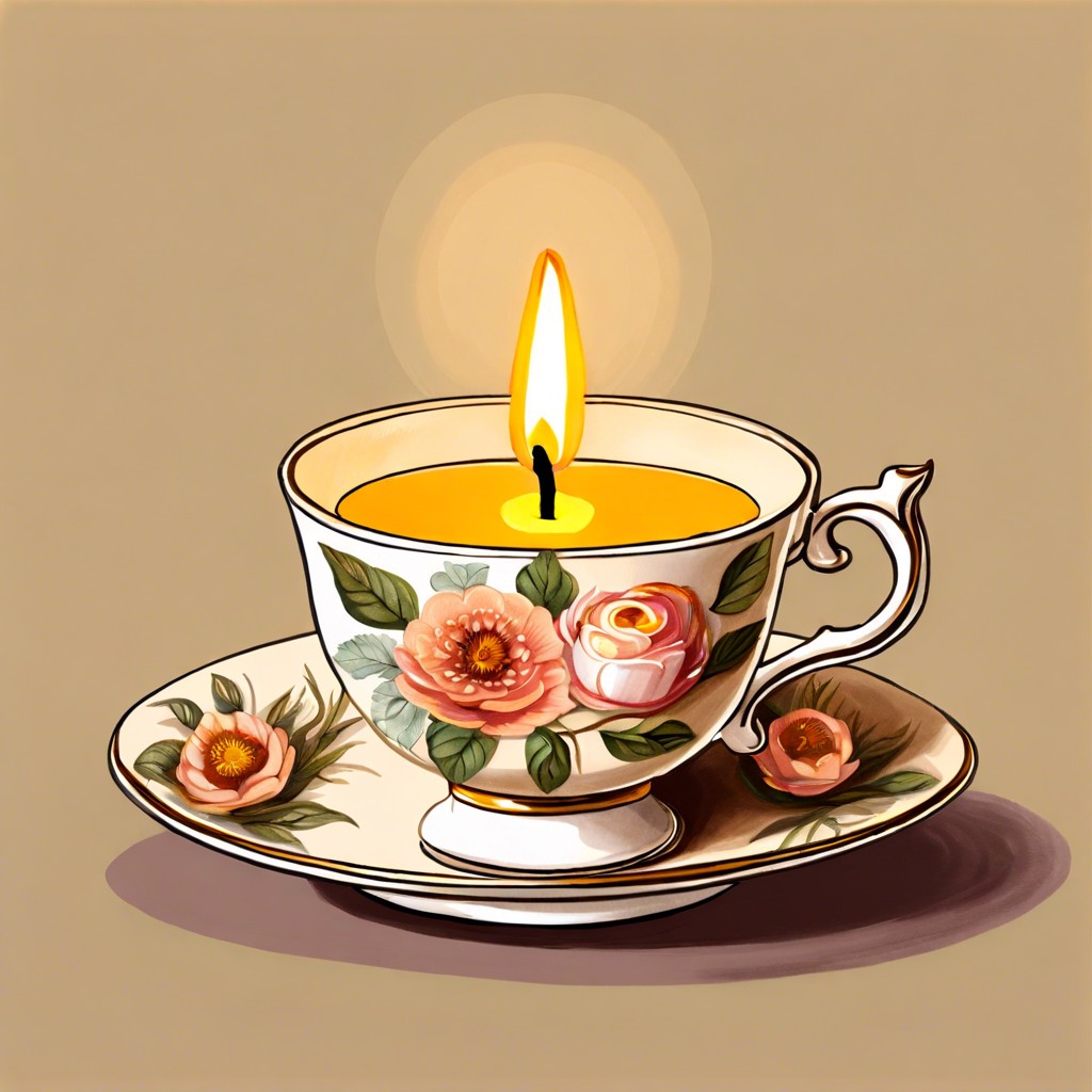 tea light candles in vintage teacups