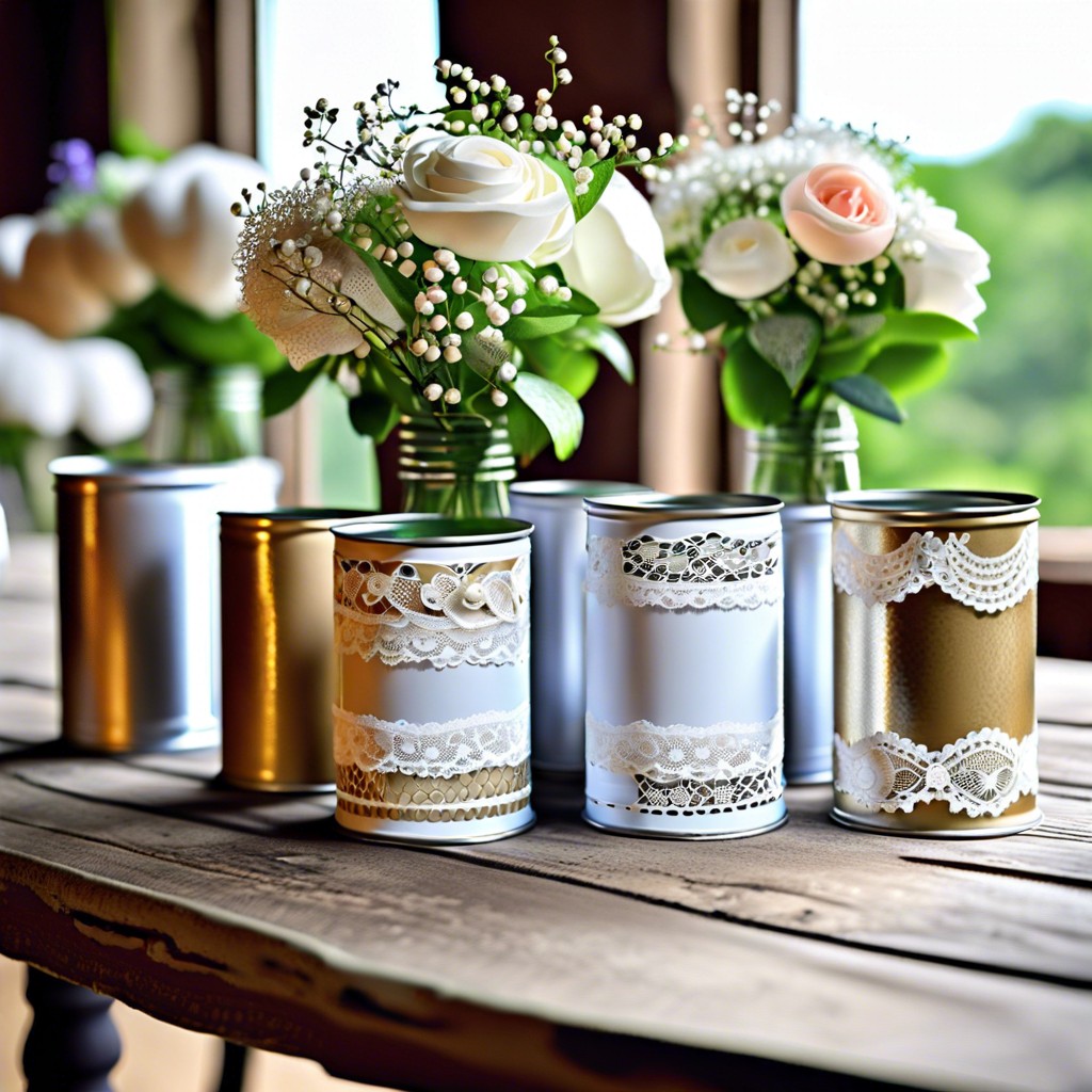 upcycled tin cans with lace trim