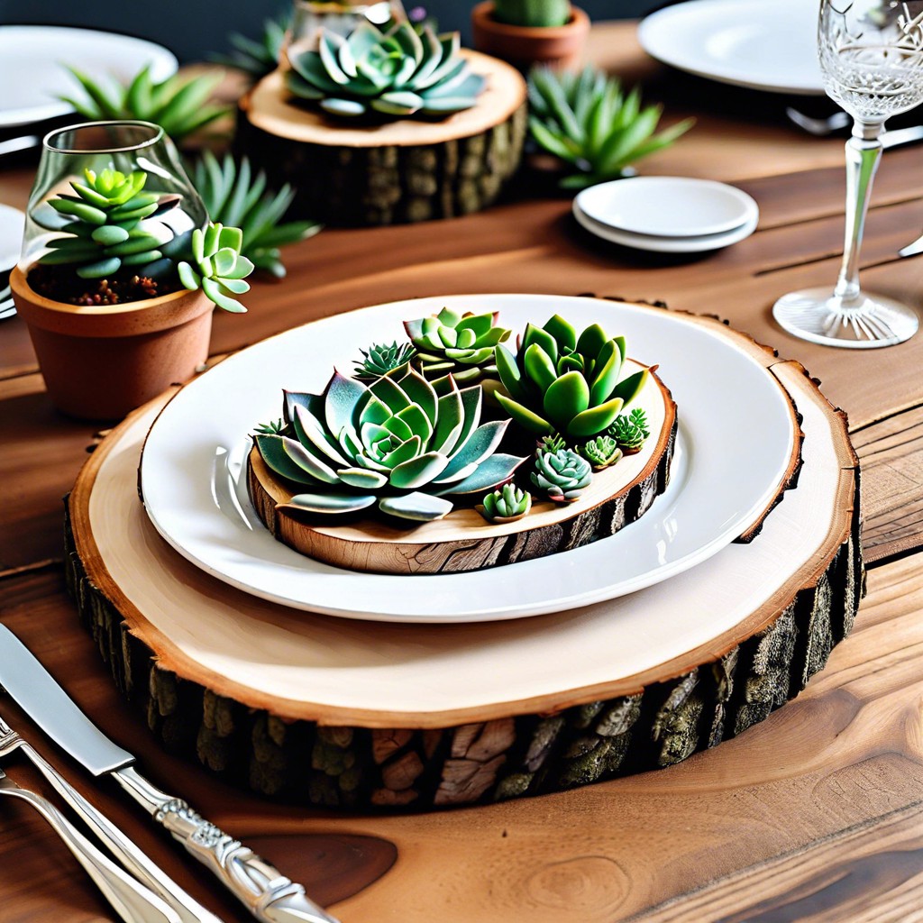 wooden slices with small succulents