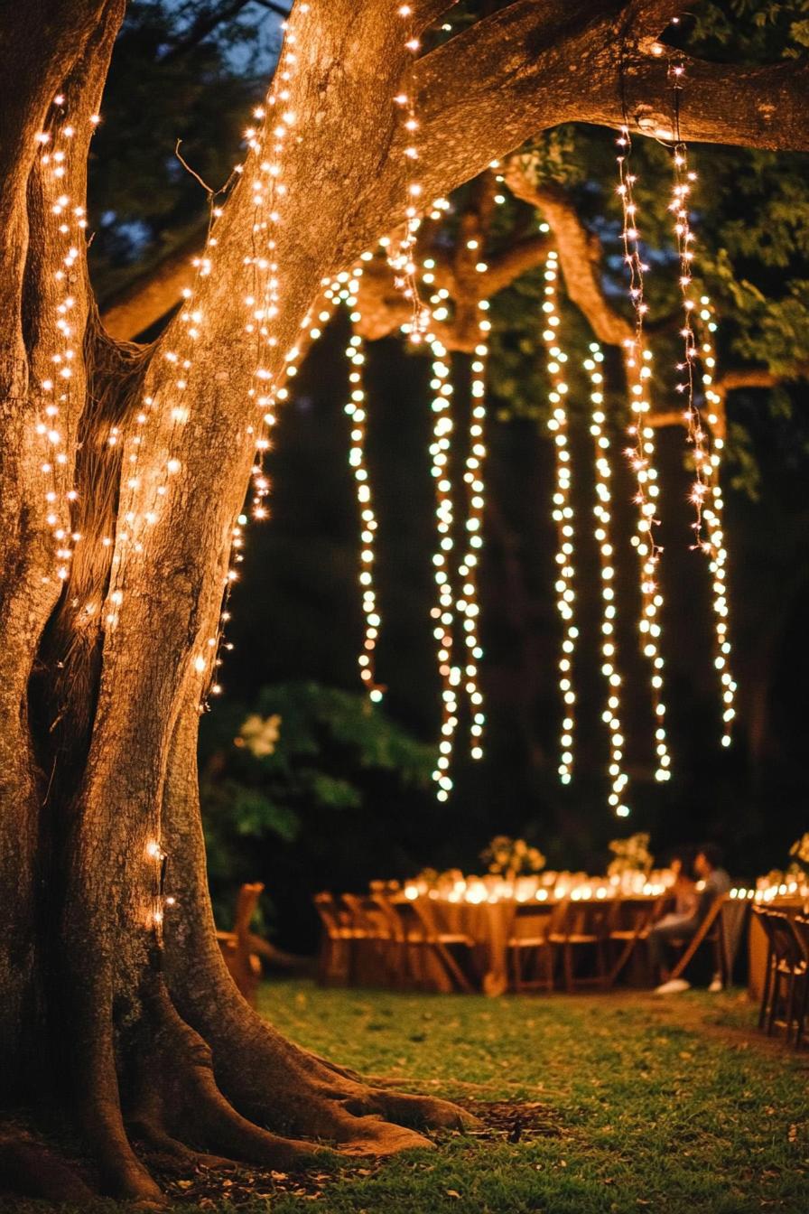 enchanted forest theme wedding decor outdoor big tree with thousands of hanging fairy lights nighttime soft glow of fairy lights 1