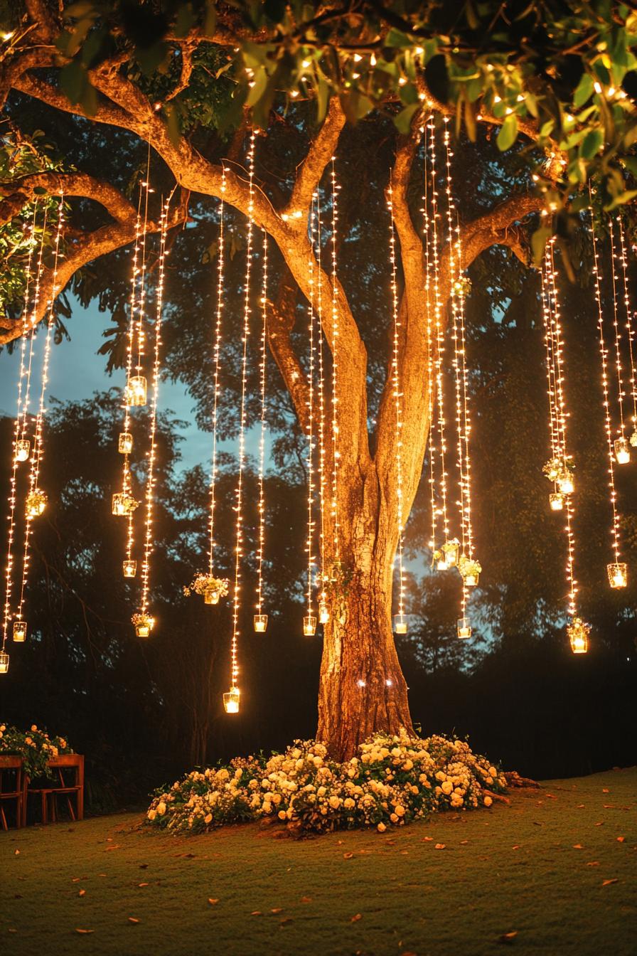 enchanted forest theme wedding decor outdoor big tree with thousands of hanging fairy lights nighttime soft glow of fairy lights 2