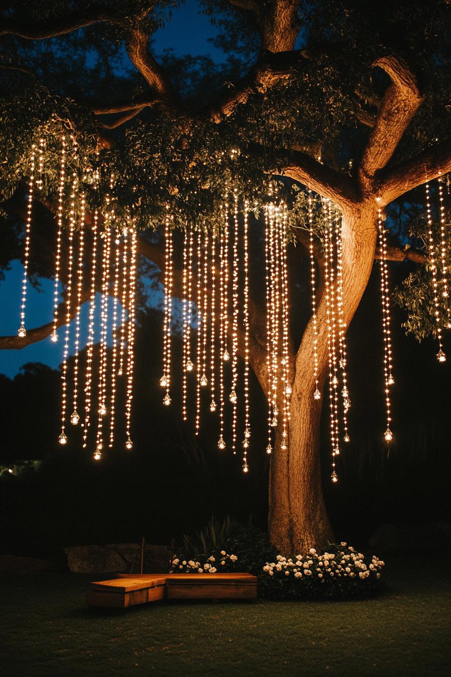 enchanted forest theme wedding decor outdoor big tree with thousands of hanging fairy lights nighttime soft glow of fairy lights 3