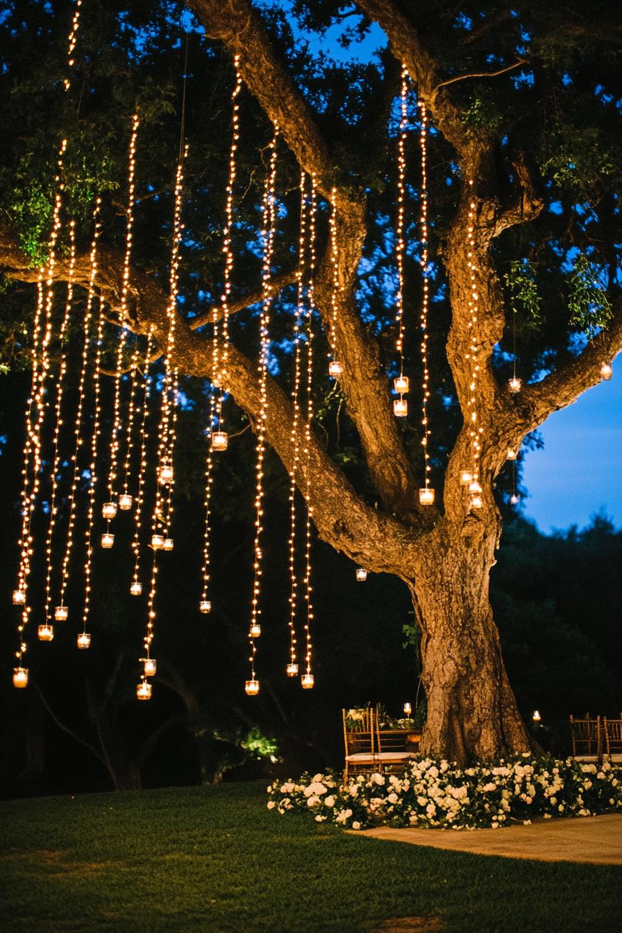 enchanted forest theme wedding decor outdoor big tree with thousands of hanging fairy lights nighttime soft glow of fairy lights