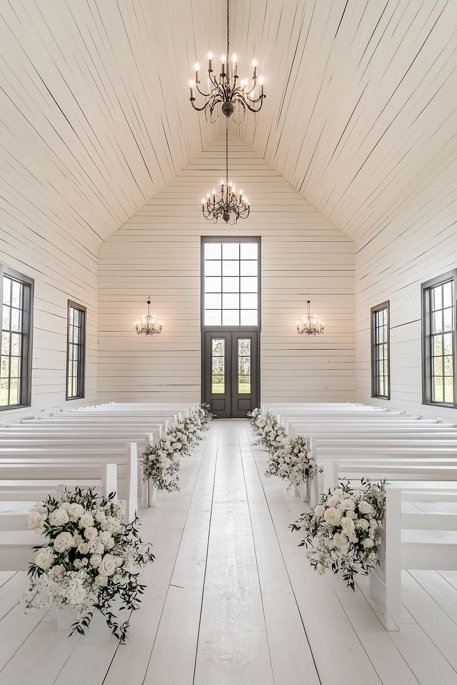 White chapel with chandeliers and floral arrangements