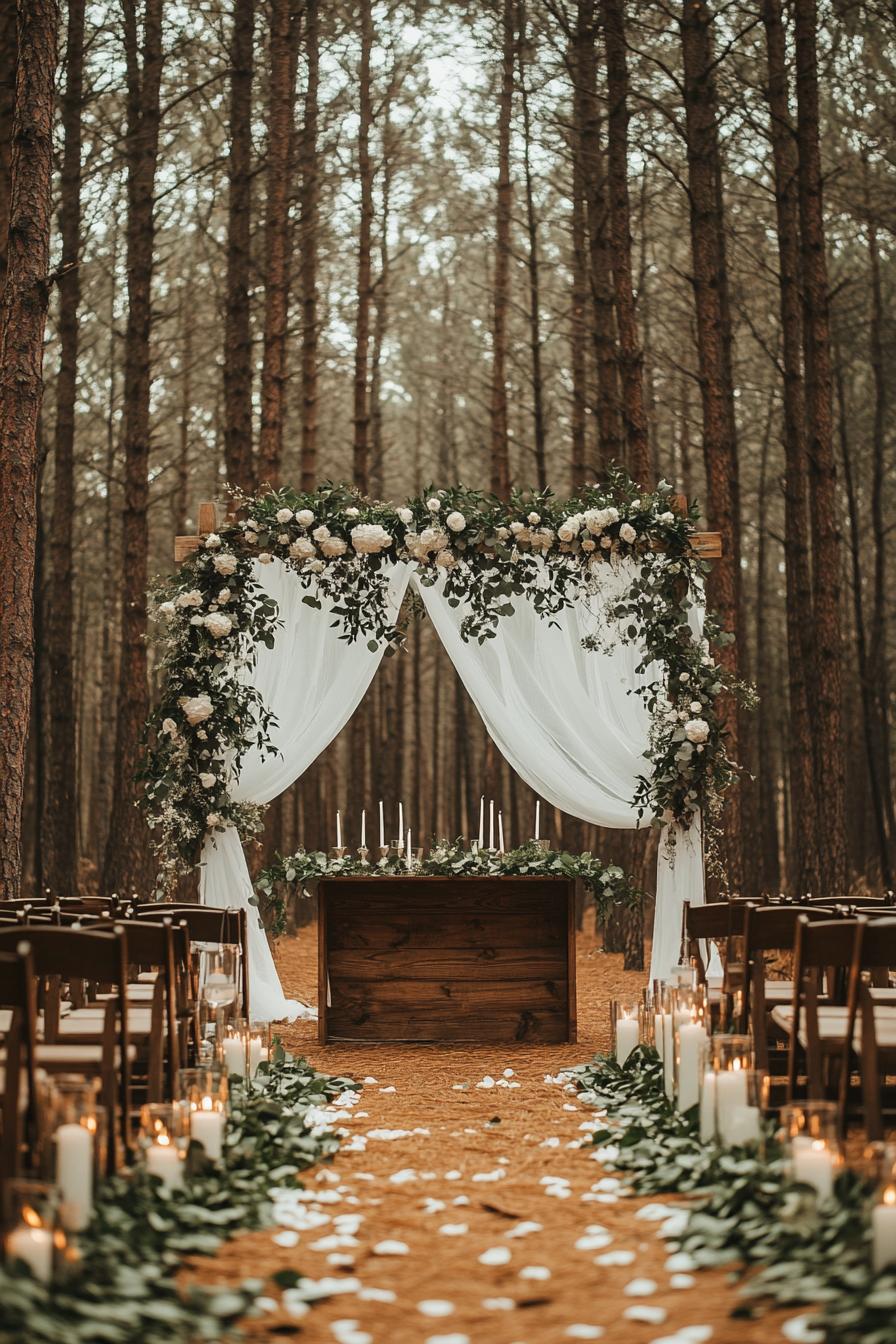 forest wedding decor altar wooden arch with canopy sheers greenery and white roses the altar table with candles in front there are rows of chairs 1