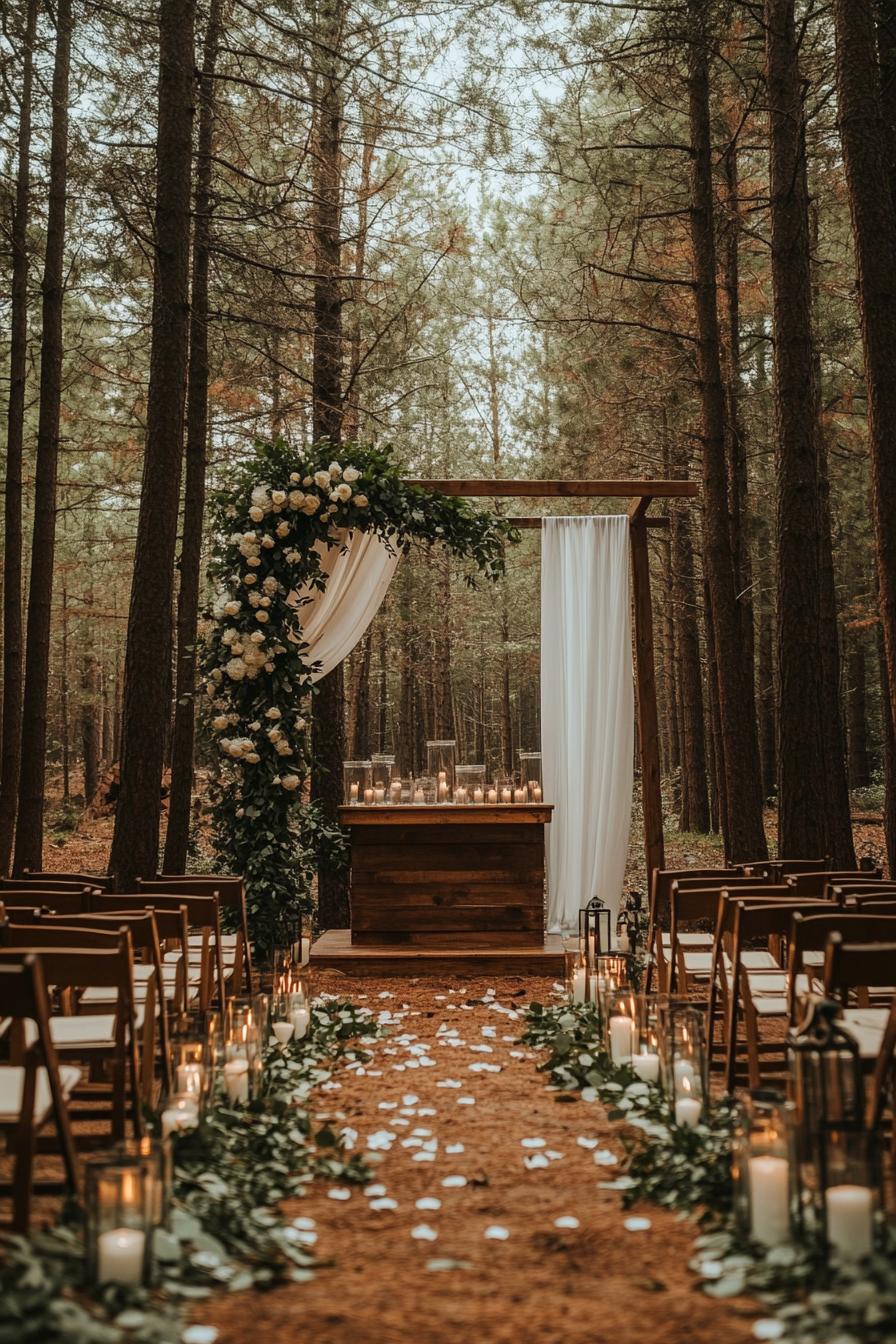 forest wedding decor altar wooden arch with canopy sheers greenery and white roses the altar table with candles in front there are rows of chairs 2