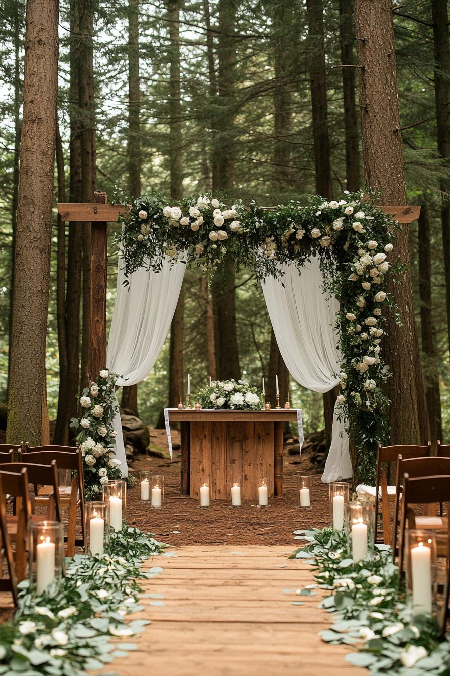 forest wedding decor altar wooden arch with canopy sheers greenery and white roses the altar table with candles in front there are rows of chairs 3