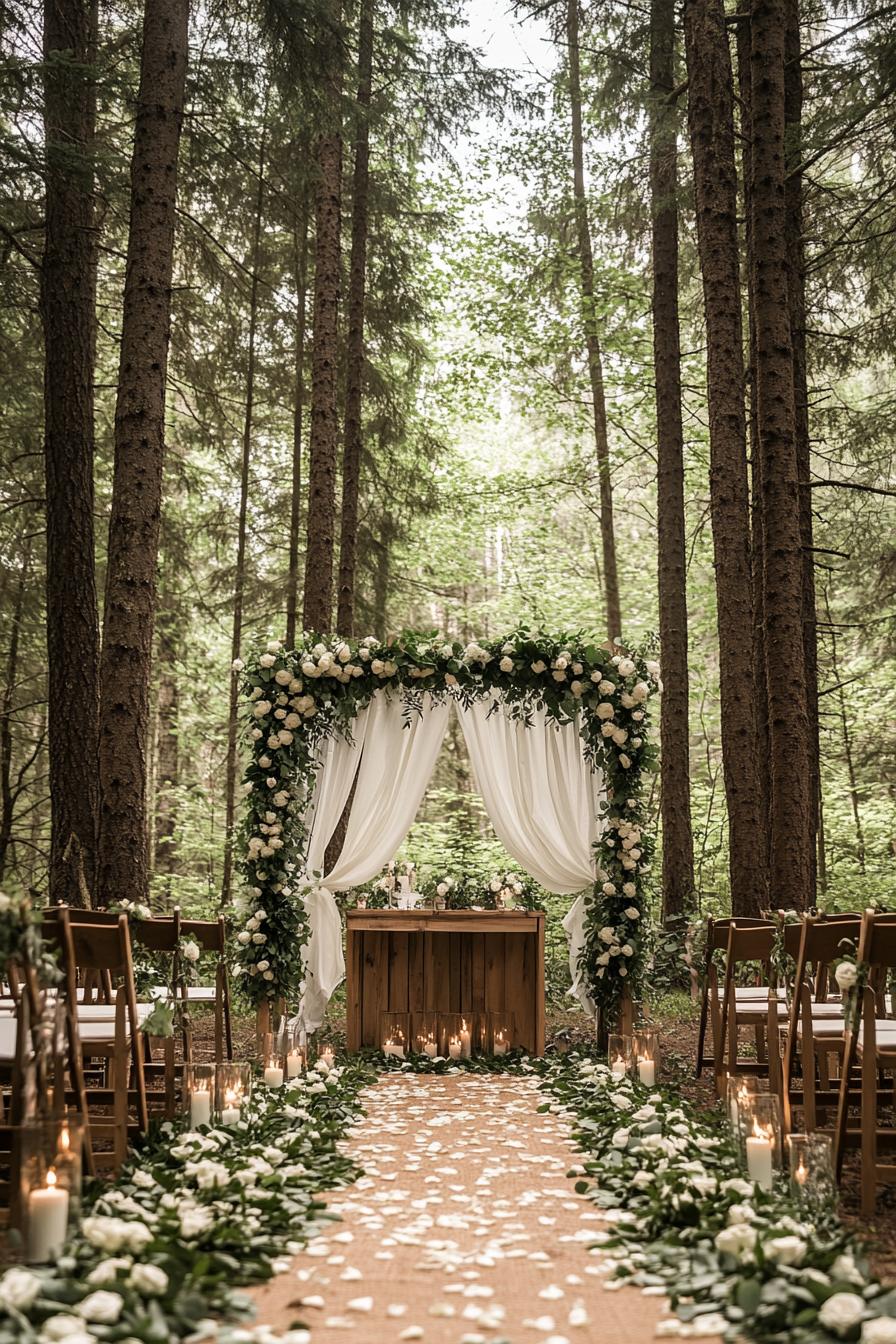 forest wedding decor altar wooden arch with canopy sheers greenery and white roses the altar table with candles in front there are rows of chairs